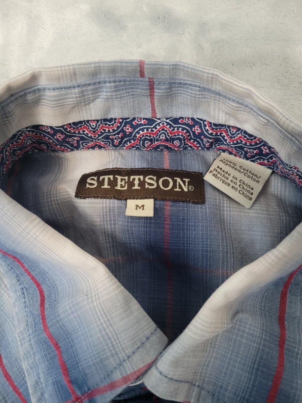 Stetson Light Blue Plaid Button-Down Shirt with Red Accents. Pearl snap